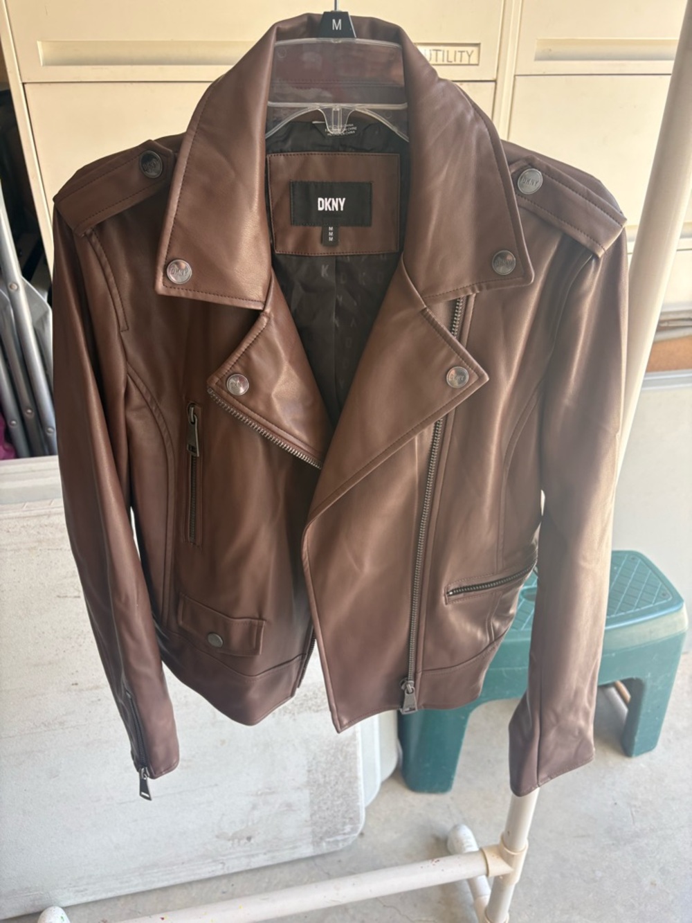 DKNY Brown Leather Asymmetrical Moto Jacket